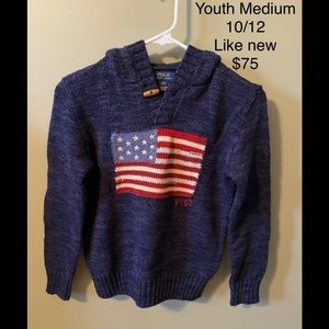 Ralph Lauren iconic flag sweater with a hood.  Navy blue youth medium (10/12).